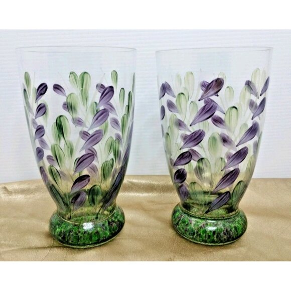 2 Fifth Avenue Tumblers Purple & Green Leaves Hand Painted Heavy Bubble... - Picture 1 of 10